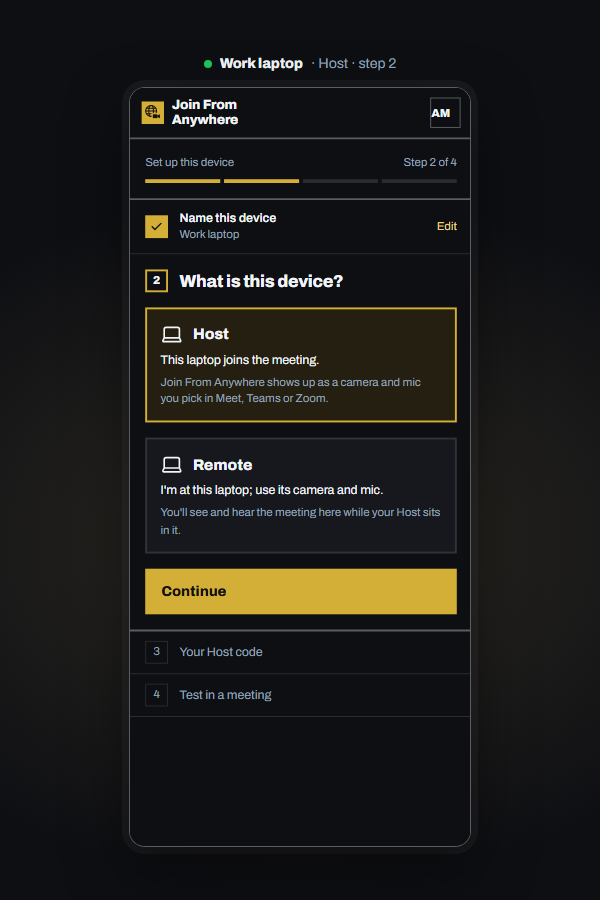 Setup step 2: choosing between Host and Remote.