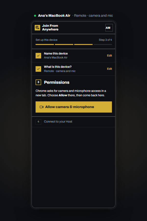 Setup step 3 on the Remote: camera and microphone permission.