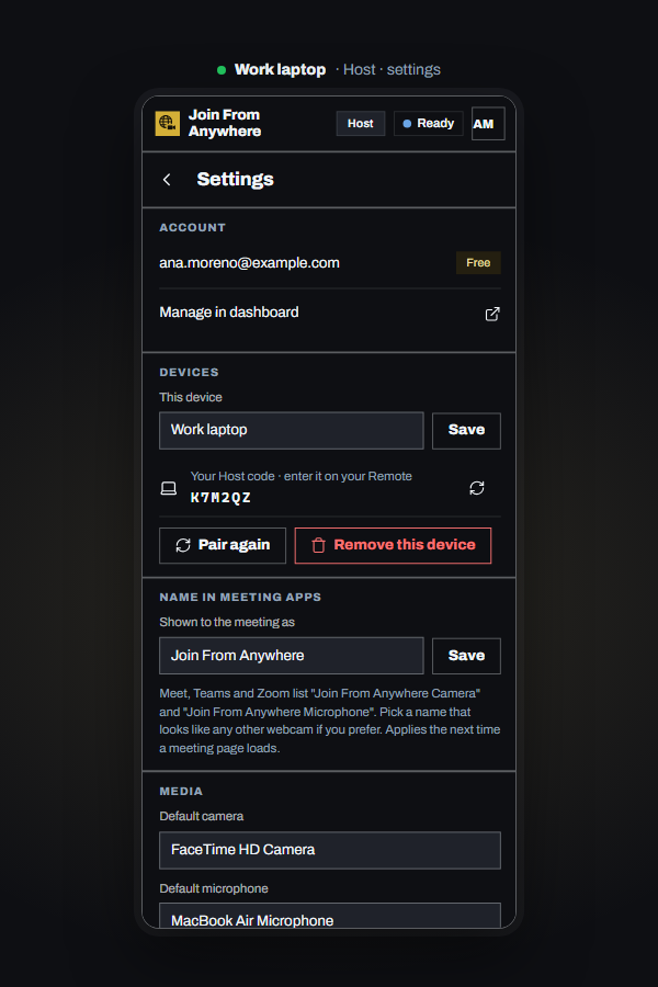 The Settings screen in the side panel.