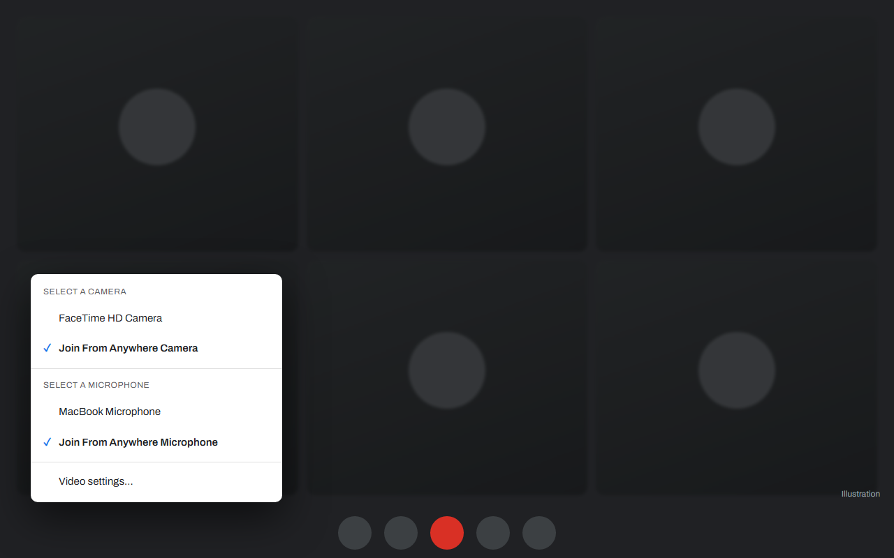 Illustration of the Zoom (web) device settings with Join From Anywhere chosen as camera and microphone